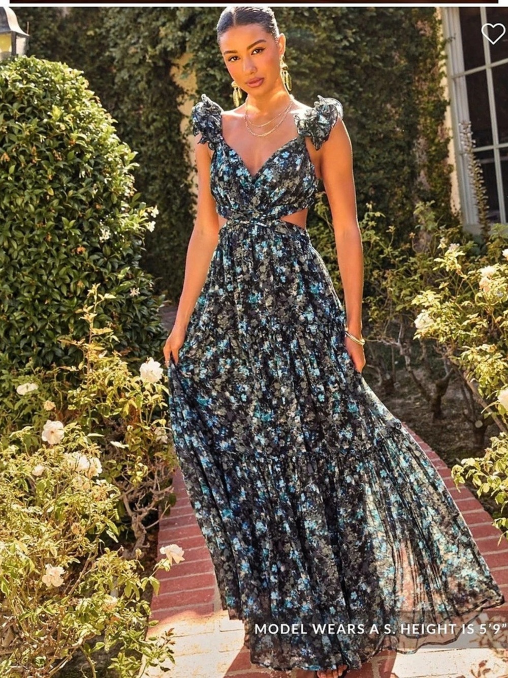 VICI Ruffle Maxi Dress Floral Black & Blue Small